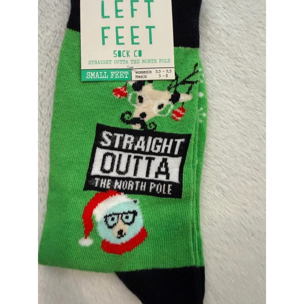 Two Left Feet Straight Outta The North Pole Christmas Socks Green Small Feet NEW